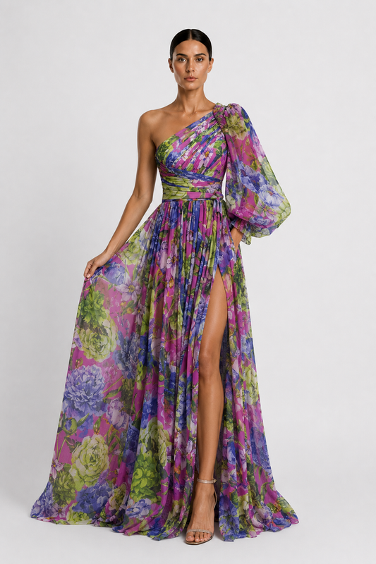 VALENTINA | VESTIDO ASIMÉTRICO FLORAL DE PRESENCIA ELEGANTE